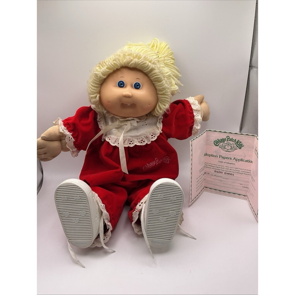 1987 Cabbage Patch Kids Daisy Emma Doll Red Dress w Birth Certificate Papers